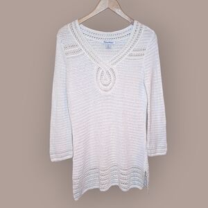 Tommy Bahama Top Women's Small Cream Swim Cover Up Tunic Open Knit Linen Shimmer